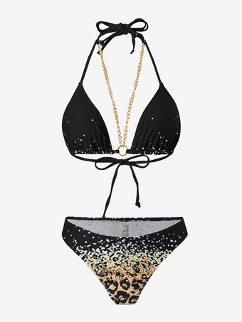 ホルターネックビキニとヒョウ柄ビーチカバーアップの3ピース水着セット 2025