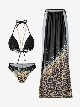 ブラック ホルターネックビキニとヒョウ柄ビーチカバーアップの3ピース水着セット 2025