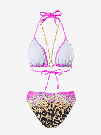 ホルターネックビキニとヒョウ柄ビーチカバーアップの3ピース水着セット 2025