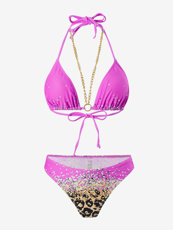 ホルターネックビキニとヒョウ柄ビーチカバーアップの3ピース水着セット 2025