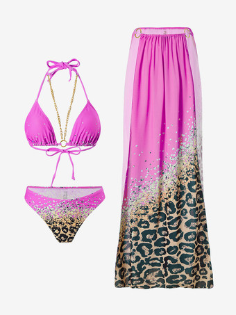 ローズレッドホルターネックビキニとヒョウ柄ビーチカバーアップの3ピース水着セット 2025