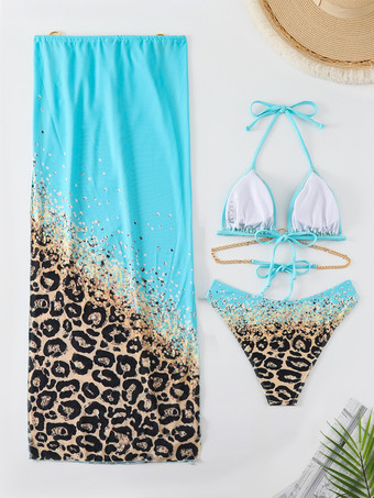 ホルターネックビキニとヒョウ柄ビーチカバーアップの3ピース水着セット 2025