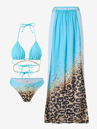 ホルターネックビキニとヒョウ柄ビーチカバーアップの3ピース水着セット 2025
