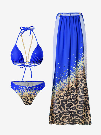 ロイヤルブルーホルターネックビキニとヒョウ柄ビーチカバーアップの3ピース水着セット 2025