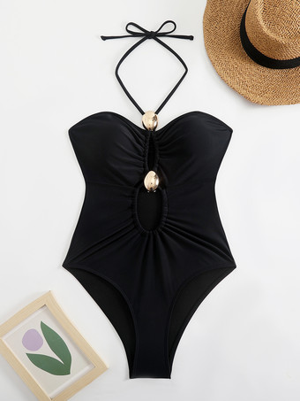 夏のビーチにぴったりの、黒のホルターネックワンピース水着（カットアウト付き）2025年モデル