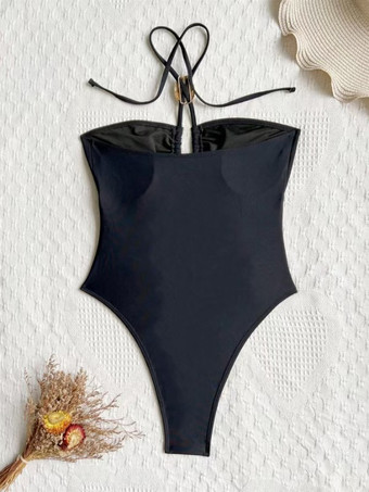 夏のビーチにぴったりの、黒のホルターネックワンピース水着（カットアウト付き）2025年モデル