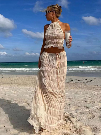 テクスチャードホルターネッククロップトップとロングスカートの2ピースコーデセット（ビーチ2025）