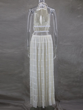 テクスチャードホルターネッククロップトップとロングスカートの2ピースコーデセット（ビーチ2025）