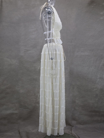 テクスチャードホルターネッククロップトップとロングスカートの2ピースコーデセット（ビーチ2025）