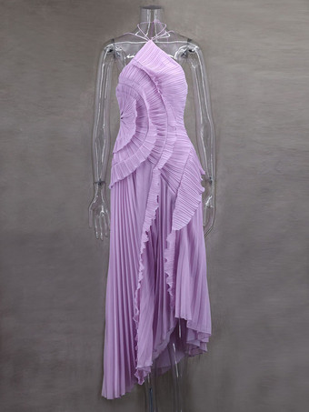 ホルターネックのフリル付きシフォンマキシドレス（イレギュラーヘム）2025年スペシャルイベント向け