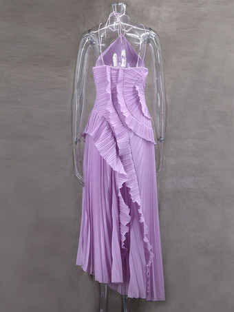 ホルターネックのフリル付きシフォンマキシドレス（イレギュラーヘム）2025年スペシャルイベント向け