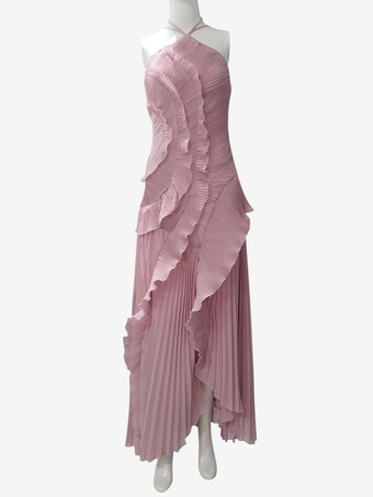 ホルターネックのフリル付きシフォンマキシドレス（イレギュラーヘム）2025年スペシャルイベント向け