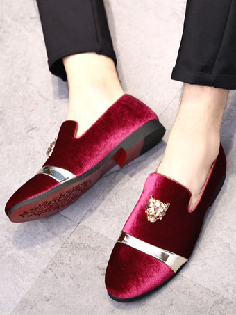 レッド メンズ スリッポン ローファー ベルベット メタルデコレーション スエードシューズ