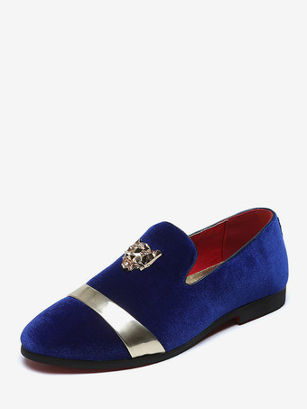 ブルー メンズ スリッポン ローファー ベルベット メタルデコレーション スエードシューズ