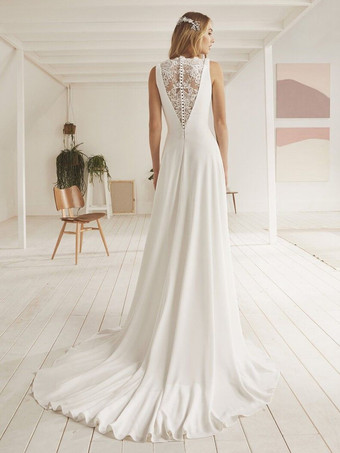 シンプルなウェディングドレス ボールガウン Vネック ノースリーブ レース 40cm ブライダルガウン