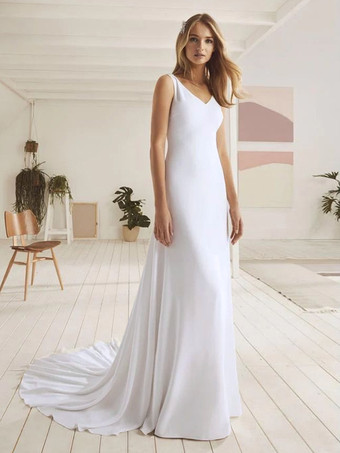 ホワイトシンプルなウェディングドレス ボールガウン Vネック ノースリーブ レース 40cm ブライダルガウン