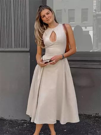 chinese dress ladies Khaki-KTN015 – Elegant Linen Dress with Artistic Handcrafted Sleeve Fl –  BAZZAZ COUTURE main image 0