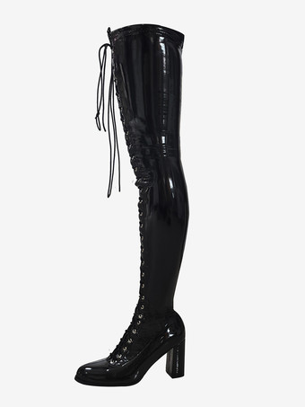 ブラック ブラックサイハイブーツ レディース スクエアトゥ レースアップ チャンキーヒール オーバーニーブーツ