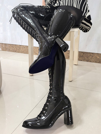 ブラックサイハイブーツ レディース スクエアトゥ レースアップ チャンキーヒール オーバーニーブーツ