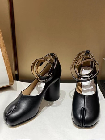 レッドチャンキーヒールパンプス、つま先スプリットアンクルストラップ、ヴィンテージパンプス（レディース）