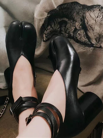 ブラック レッドチャンキーヒールパンプス、つま先スプリットアンクルストラップ、ヴィンテージパンプス（レディース）