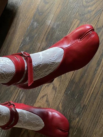 レッド レッドチャンキーヒールパンプス、つま先スプリットアンクルストラップ、ヴィンテージパンプス（レディース）