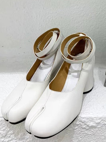 ホワイト レッドチャンキーヒールパンプス、つま先スプリットアンクルストラップ、ヴィンテージパンプス（レディース）