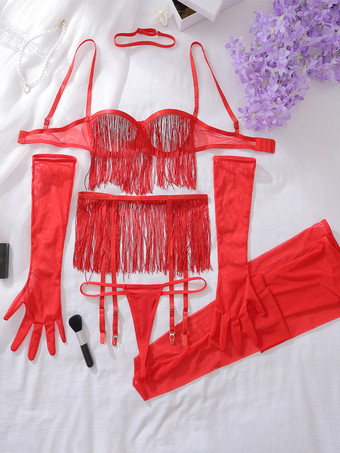 レッド フリンジランジェリー セクシー ブラック 6点セット セクシー レース シースルー タッセル 中空 ブラ ショーツ セット