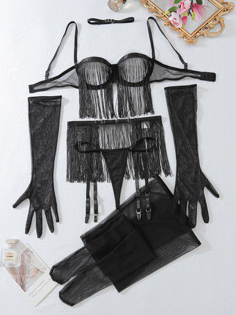 フリンジランジェリー セクシー ブラック 6点セット セクシー レース シースルー タッセル 中空 ブラ ショーツ セット