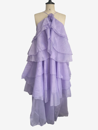 パープル 2025年夏のイベントにぴったりな、花柄のアクセントと背中開きのティアードマキシドレス