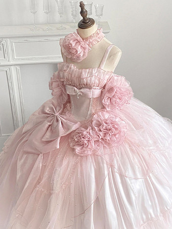 ピンクの妖精ドレス スイートロリータ スパゲッティフラワー ボウ フロア丈ロリータドレス