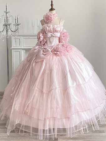 ピンクの妖精ドレス スイートロリータ スパゲッティフラワー ボウ フロア丈ロリータドレス