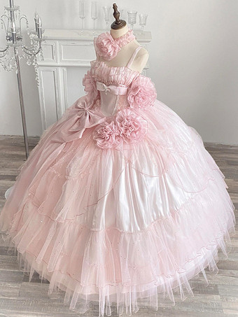 ピンクの妖精ドレス スイートロリータ スパゲッティフラワー ボウ フロア丈ロリータドレス