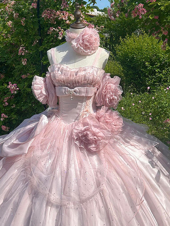 ピンクの妖精ドレス スイートロリータ スパゲッティフラワー ボウ フロア丈ロリータドレス