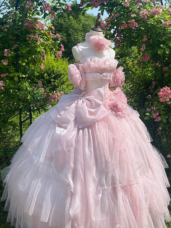 ピンクの妖精ドレス スイートロリータ スパゲッティフラワー ボウ フロア丈ロリータドレス