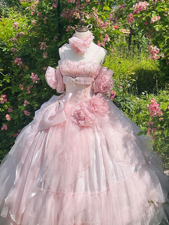 ピンクの妖精ドレス スイートロリータ スパゲッティフラワー ボウ フロア丈ロリータドレス
