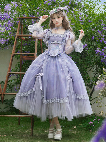 新学期の姫系ティーパーティー、ピクニック、スイートロリータドレス、長袖、レース、デイリーカジュアルドレス、パープルロリータプリンセスドレス