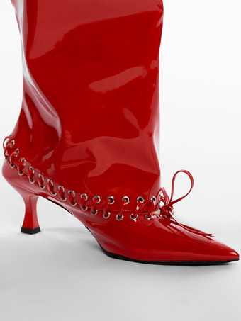 レッドワイドカーフブーツ レディース ポインテッドトゥ キトンヒール ニーハイブーツ