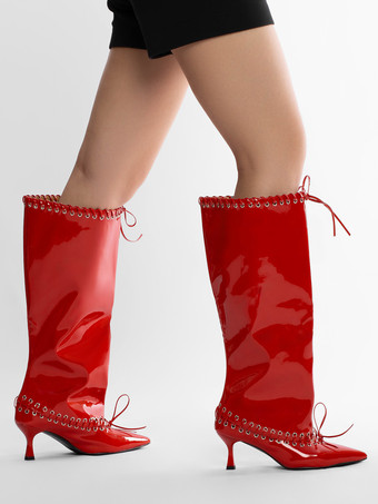 レッドワイドカーフブーツ レディース ポインテッドトゥ キトンヒール ニーハイブーツ