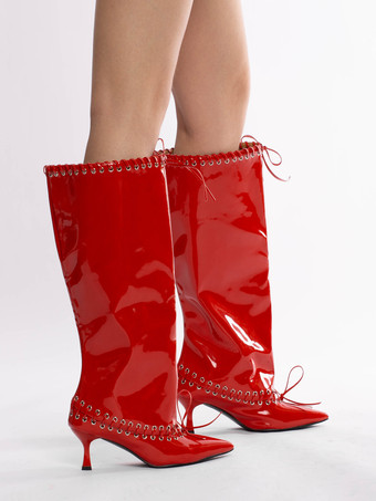 レッドワイドカーフブーツ レディース ポインテッドトゥ キトンヒール ニーハイブーツ