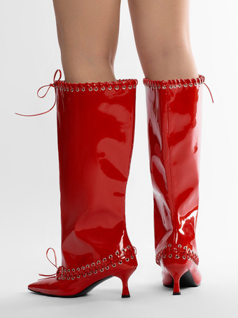 レッドワイドカーフブーツ レディース ポインテッドトゥ キトンヒール ニーハイブーツ