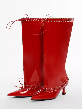 Rote Stiefel mit weitem Schaft kniehohe Stiefel mit spitzer