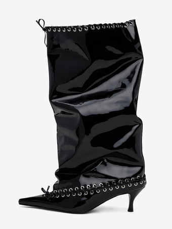 ブラック レッドワイドカーフブーツ レディース ポインテッドトゥ キトンヒール ニーハイブーツ