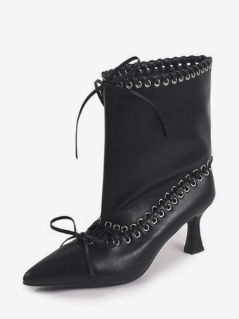 ブラック ホワイトアンクルブーツ レディース ポインテッドトゥ キトンヒール ブーティ