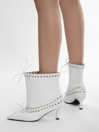 ホワイトアンクルブーツ レディース ポインテッドトゥ キトンヒール ブーティ