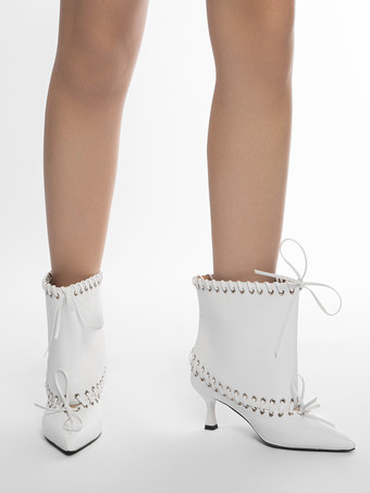 ホワイトアンクルブーツ レディース ポインテッドトゥ キトンヒール ブーティ