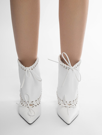 ホワイトアンクルブーツ レディース ポインテッドトゥ キトンヒール ブーティ