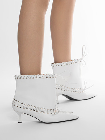 ホワイトアンクルブーツ レディース ポインテッドトゥ キトンヒール ブーティ