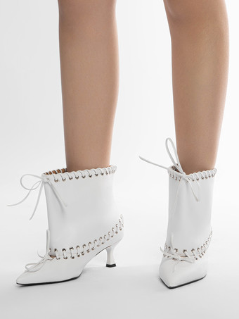 ホワイトアンクルブーツ レディース ポインテッドトゥ キトンヒール ブーティ