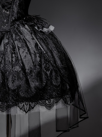 黒ゴシックロリータドレスJSK羽根レースアップスワンジャンパーヘッドウェアチョーカーセットロリータドレス